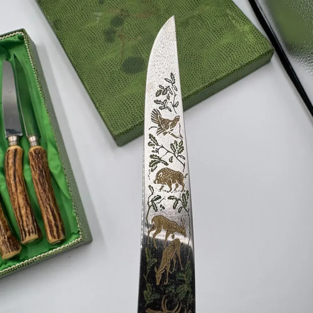 Vintage Anton Wingen Jr. Solingen Carving Steak Knives Stag Horn Handles Steel